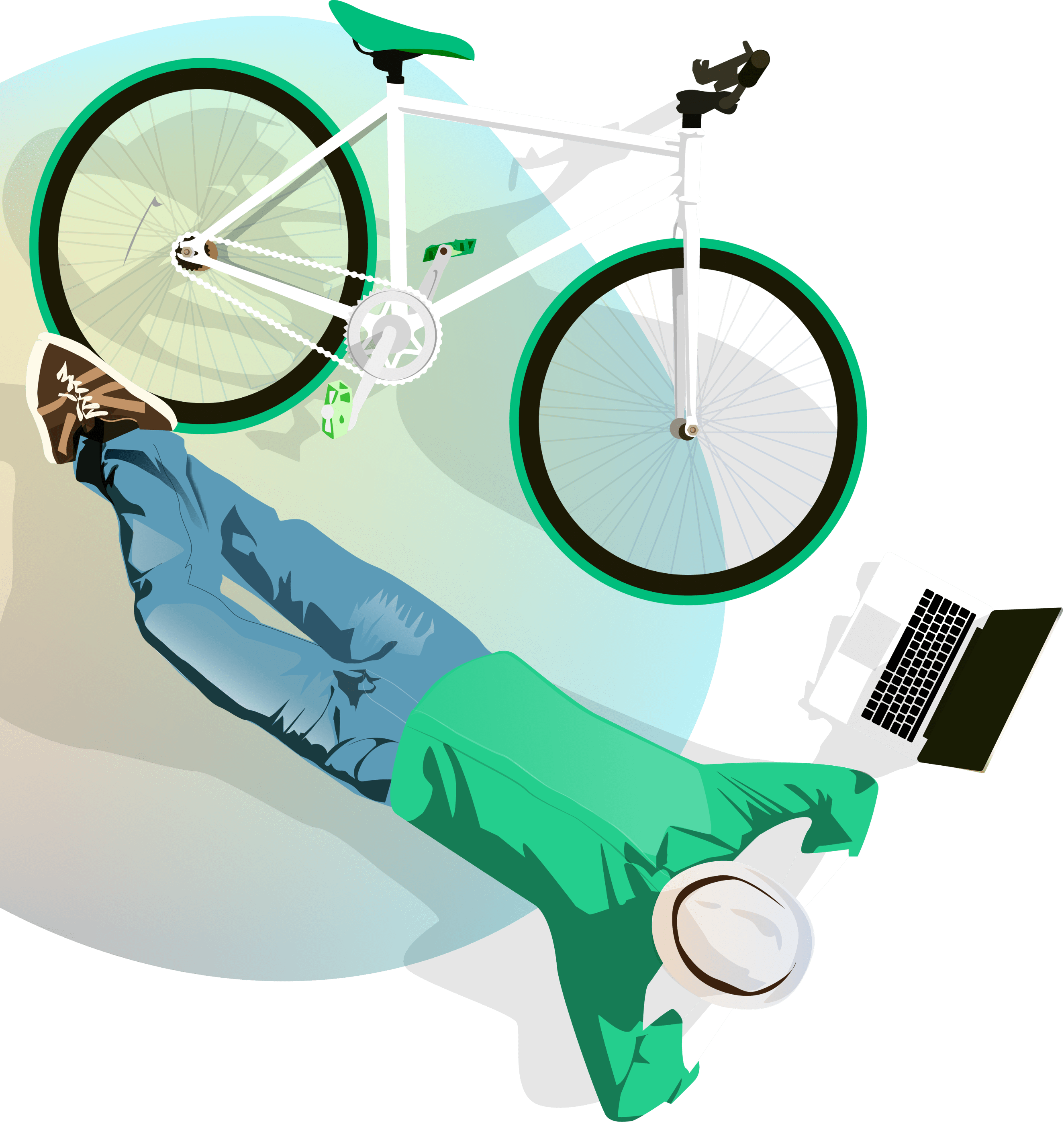 person relaxing next to a bicycle and laptop
